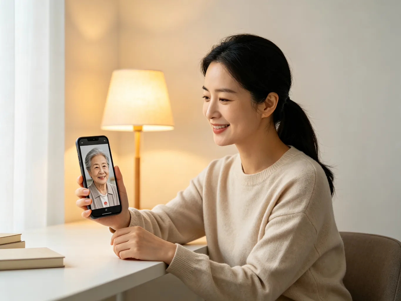女儿在家中和母亲视频通话